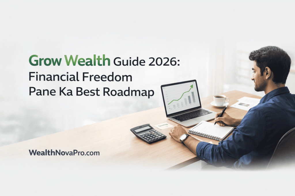 Grow wealth kaise kare featured image with Indian couple, money jars, rupee symbol and investment growth chart, 2026 mein paisa badhane ke smart tarike with financial freedom and passive income illustration, Indian man and woman with laptop, stock market chart and wealth growth concept image, Wealth creation strategy in Hindi with savings jars, coins and upward graph, Financial freedom thumbnail showing mutual funds, passive income and money growth, Paisa kaise badhaye image with rupee sign, growing plants and investment icons, Modern finance blog image for grow wealth tips in Hindi 2026, Investment and savings concept with Indian professionals and rising wealth chart, Passive income and stock market wealth growth thumbnail in Hindi, SEO finance featured image with wealth growth, savings and money management ideas, Grow Wealth Kaise Kare 2026 blog banner with city skyline and rupee symbol, Hindi financial planning image with coins, savings jars and wealth building strategy, Wealth growth and financial freedom concept for Indian audience, Money management and investment tips image with upward green graph, Indian finance article thumbnail showing how to grow wealth in 2026, grow wealth, grow wealth kaise kare, paisa kaise badhaye, wealth growth tips, financial freedom, wealth creation, money management tips, investment tips in hindi, passive income ideas, mutual funds investment, stock market tips, savings and investment, paisa badhane ke tarike, financial planning in Hindi, online income ideas, wealth building strategies, smart investment tips, long term wealth creation, 2026 mein grow wealth kaise kare, paisa badhane ke 10 smart tarike, financial freedom kaise paye, beginners ke liye wealth creation tips, passive income se paisa kaise badhaye, mutual funds se wealth kaise banaye, salary se wealth kaise create kare, Hindi mein investment guide 2026, long term investment se paisa kaise badhaye, wealth growth tips for Indian beginners, grow wealth, wealth growth tips, grow wealth in hindi, paisa kaise badhaye, wealth creation strategies, financial freedom kaise paye, money management tips, passive income ideas, investment tips in hindi, online earning ideas, long term investment, 2026 mein grow wealth kaise kare, kam paise se wealth kaise banaye, passive income se paisa kaise badhaye, beginners ke liye investment tips, salary se wealth kaise create kare, financial planning kaise kare, paisa invest karke ameer kaise bane, wealth growth ke best tarike, grow wealth tips in hindi, paisa kaise badhaye guide, wealth creation strategy 2026, passive income ideas for beginners, financial freedom roadmap,