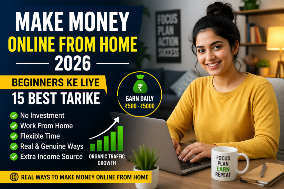 Make Money Online From Home 2026 for beginners with 15 real ways to earn money from home ,Beginner guide to make money online from home in 2026 with no investment ,Woman working on laptop with make money online from home tips for beginners ,Real ways to make money online from home in 2026 and earn daily income ,Work from home online earning ideas for beginners in India and USA ,Make money online from home without investment and earn extra income ,Online earning from home 2026 with 15 best methods for beginners ,Home office setup showing how to make money online from home ,Beginners ke liye make money online from home 2026 image with real earning ideas ,Earn money online from home with flexible work and no investment, A young woman working on a laptop at home with text showing Make Money Online From Home 2026 and 15 best ways for beginners to earn money online without investment, Promotional image for a blog post about make money online from home in 2026 featuring a woman at a desk, income growth graph, daily earning text and work from home benefits ,Modern work from home image showing online earning ideas for beginners with keywords like no investment, flexible time, extra income and real genuine ways,