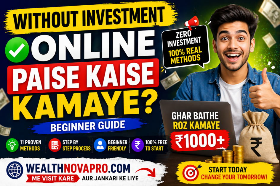 "Without investment online paise kaise kamaye beginner guide thumbnail with smiling boy using laptop" , "Zero investment se ghar baithe paise kamane ke tarike dikhata hua YouTube thumbnail" , "Online earning methods without investment with ₹1000+ earning claim and happy young man" , "Laptop ke saath excited ladka aur online paisa kamane ka guide thumbnail" , "Ghar baithe roz kamaye ₹1000 plus without investment concept thumbnail" , "YouTube thumbnail about earning money online without investment featuring a smiling man with laptop" , "Beginner guide to making money online with zero investment and ₹1000+ earnings claim" , "Young man showing thumbs up with laptop promoting online income methods" , "Thumbnail displaying zero investment earning ideas with money icons and laptop" , "Online money making tutorial graphic with bold text and excited person", "बिना निवेश के ऑनलाइन पैसे कमाने का गाइड दिखाता हुआ थंबनेल जिसमें एक खुश युवक लैपटॉप के साथ है" , "घर बैठे पैसे कमाने के तरीकों का थंबनेल ₹1000 से ज्यादा कमाई के साथ" , "शून्य निवेश में ऑनलाइन कमाई के उपाय दिखाता हुआ यूट्यूब थंबनेल" , "लैपटॉप के साथ मुस्कुराता युवक और ऑनलाइन पैसे कमाने का विज्ञापन", "ऑनलाइन इनकम के तरीकों का चित्र जिसमें पैसे और लैपटॉप दिखाए गए हैं",