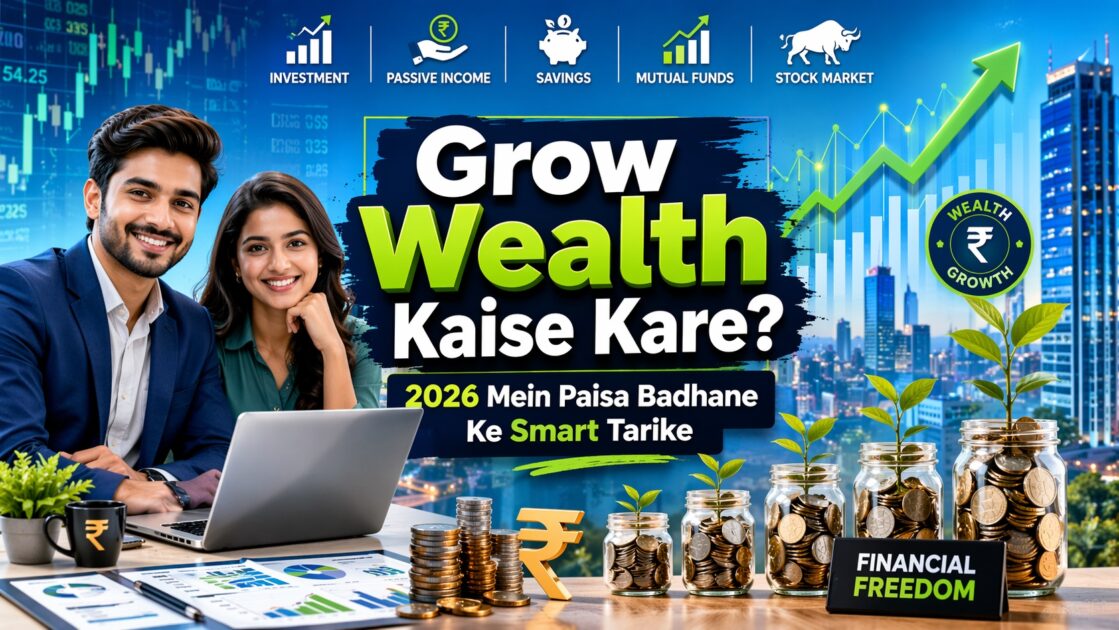 Grow wealth kaise kare featured image with Indian couple, money jars, rupee symbol and investment growth chart, 2026 mein paisa badhane ke smart tarike with financial freedom and passive income illustration, Indian man and woman with laptop, stock market chart and wealth growth concept image, Wealth creation strategy in Hindi with savings jars, coins and upward graph, Financial freedom thumbnail showing mutual funds, passive income and money growth, Paisa kaise badhaye image with rupee sign, growing plants and investment icons, Modern finance blog image for grow wealth tips in Hindi 2026, Investment and savings concept with Indian professionals and rising wealth chart, Passive income and stock market wealth growth thumbnail in Hindi, SEO finance featured image with wealth growth, savings and money management ideas, Grow Wealth Kaise Kare 2026 blog banner with city skyline and rupee symbol, Hindi financial planning image with coins, savings jars and wealth building strategy, Wealth growth and financial freedom concept for Indian audience, Money management and investment tips image with upward green graph, Indian finance article thumbnail showing how to grow wealth in 2026, grow wealth, grow wealth kaise kare, paisa kaise badhaye, wealth growth tips, financial freedom, wealth creation, money management tips, investment tips in hindi, passive income ideas, mutual funds investment, stock market tips, savings and investment, paisa badhane ke tarike, financial planning in Hindi, online income ideas, wealth building strategies, smart investment tips, long term wealth creation, 2026 mein grow wealth kaise kare, paisa badhane ke 10 smart tarike, financial freedom kaise paye, beginners ke liye wealth creation tips, passive income se paisa kaise badhaye, mutual funds se wealth kaise banaye, salary se wealth kaise create kare, Hindi mein investment guide 2026, long term investment se paisa kaise badhaye, wealth growth tips for Indian beginners, grow wealth, wealth growth tips, grow wealth in hindi, paisa kaise badhaye, wealth creation strategies, financial freedom kaise paye, money management tips, passive income ideas, investment tips in hindi, online earning ideas, long term investment, 2026 mein grow wealth kaise kare, kam paise se wealth kaise banaye, passive income se paisa kaise badhaye, beginners ke liye investment tips, salary se wealth kaise create kare, financial planning kaise kare, paisa invest karke ameer kaise bane, wealth growth ke best tarike, grow wealth tips in hindi, paisa kaise badhaye guide, wealth creation strategy 2026, passive income ideas for beginners, financial freedom roadmap,